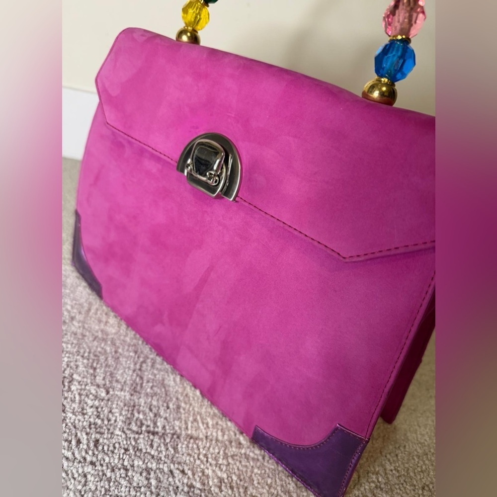 Vibrant Pink Satchel with Beaded Handle - Picture 4 of 11
